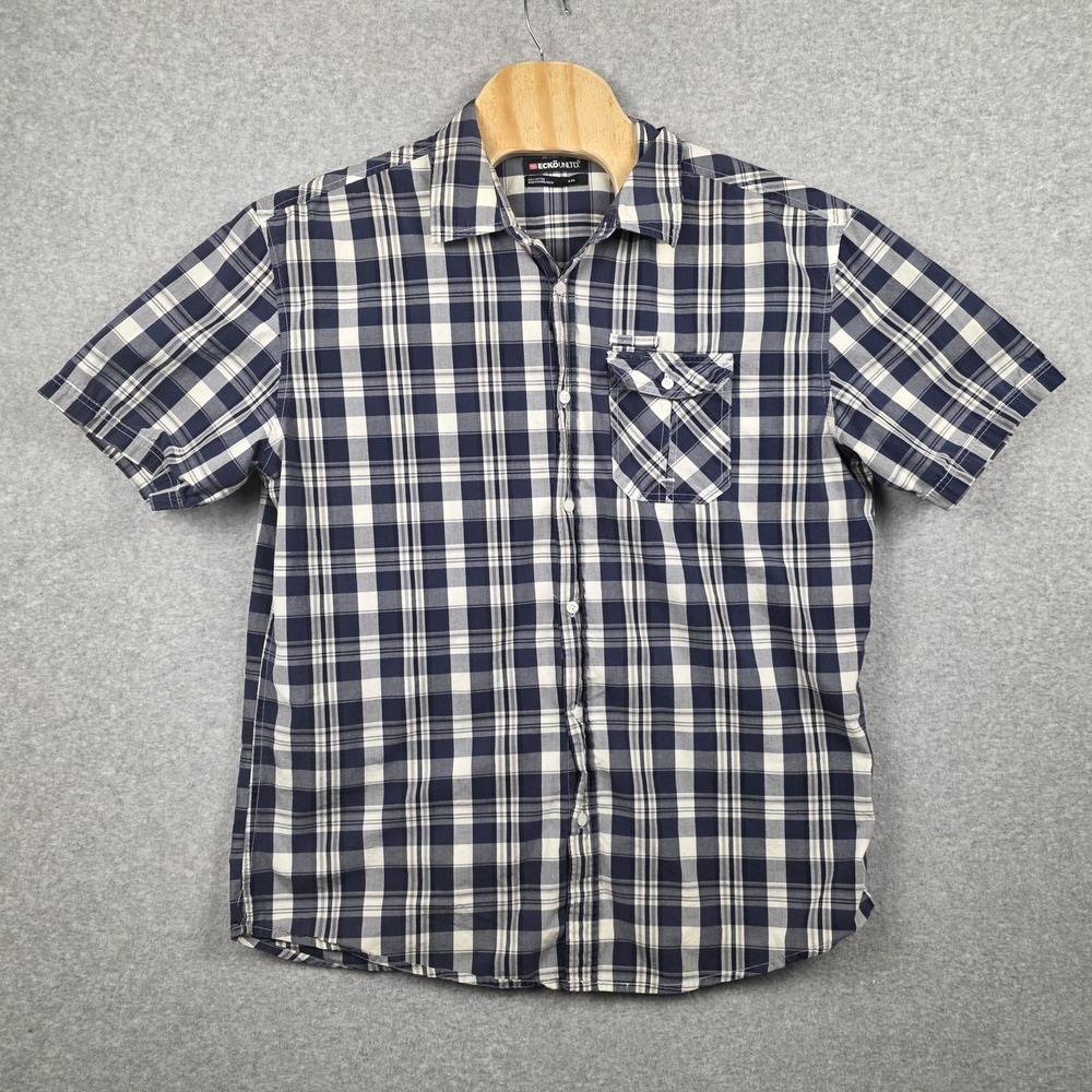 Ecko Unltd Shirt Mens 2XL Blue Plaid Short Sleeve Button Up Cotton Casual
